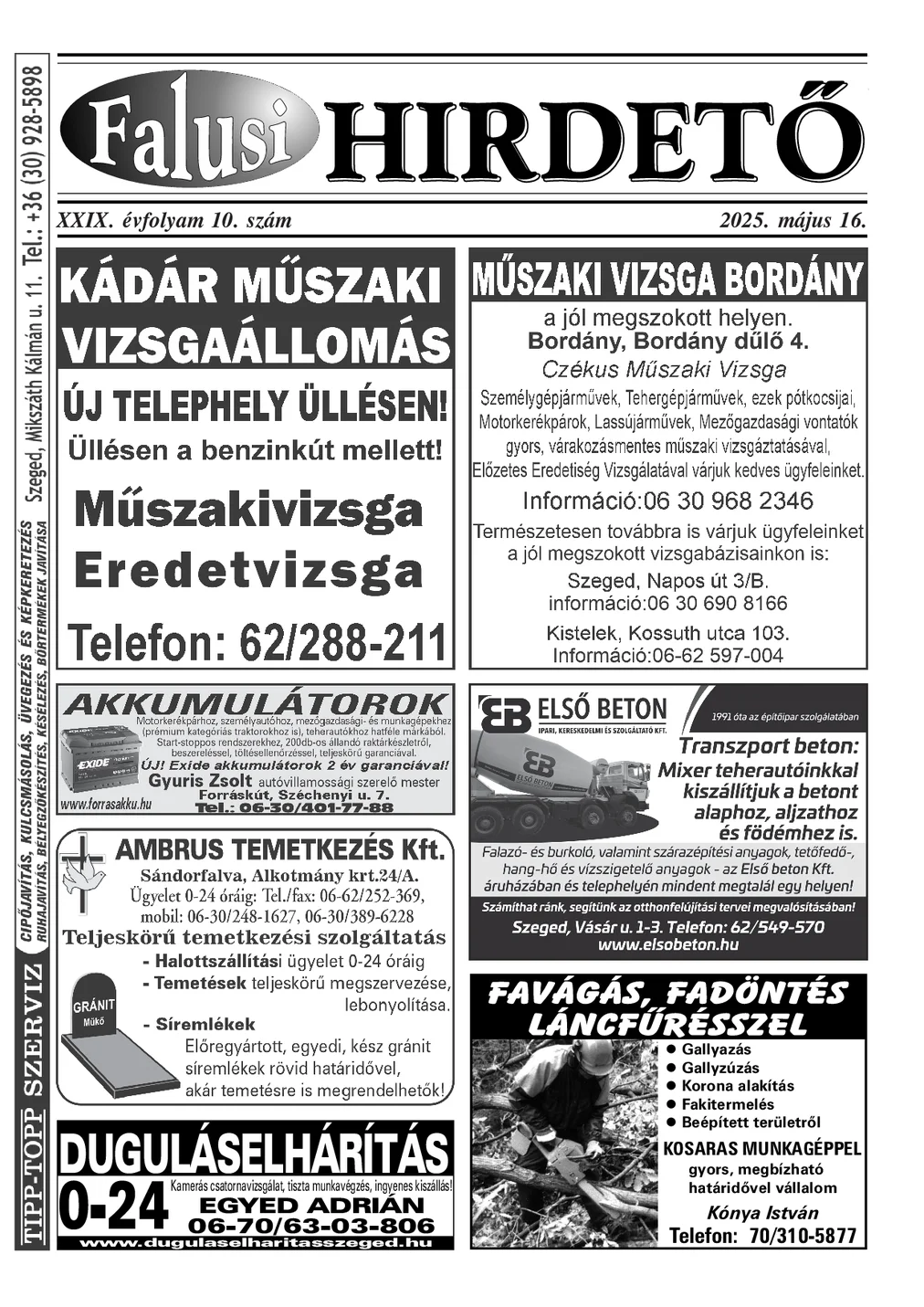 A Falusi Hirdető címlapja – Szatymaz környéke, 2025. május 16.