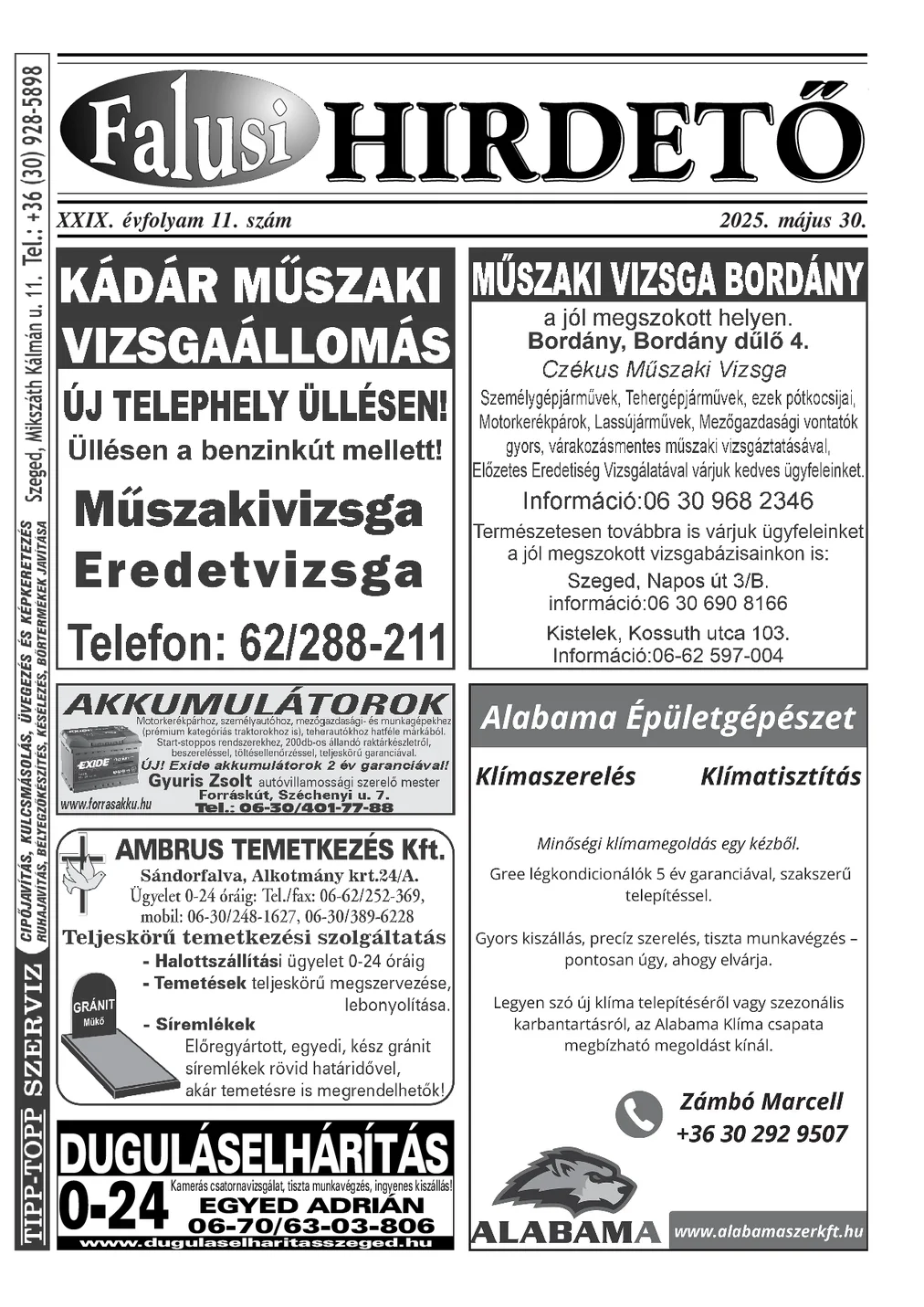 A Falusi Hirdető címlapja – Szatymaz környéke, 2025. május 30.