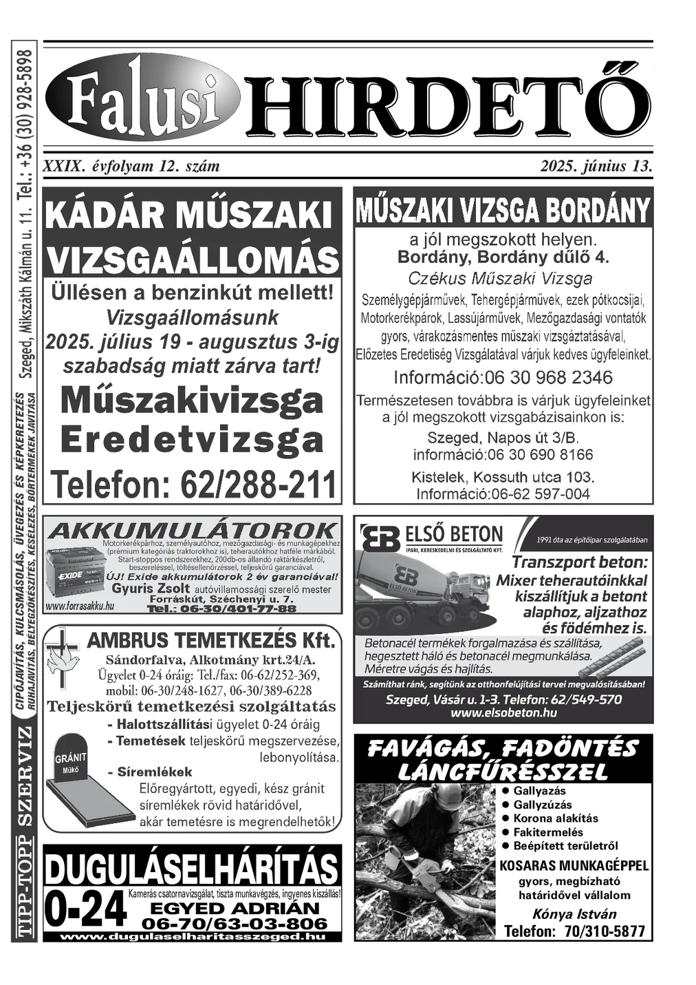 A Falusi Hirdető címlapja – Szatymaz környéke, 2025. június 13.