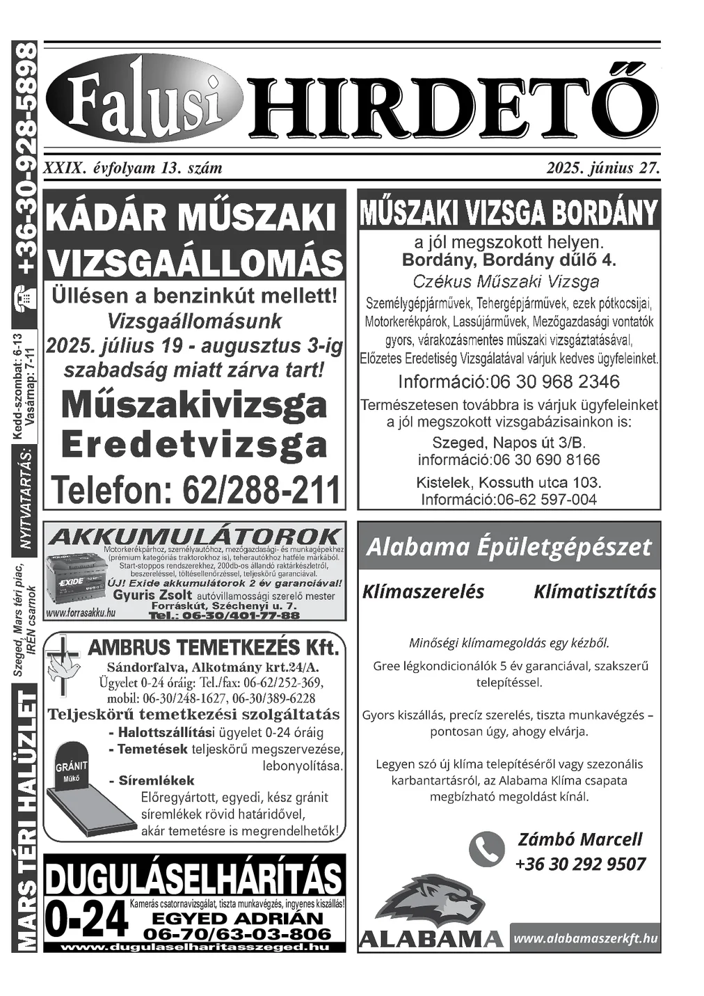 A Falusi Hirdető címlapja – Szatymaz környéke, 2025. június 27.