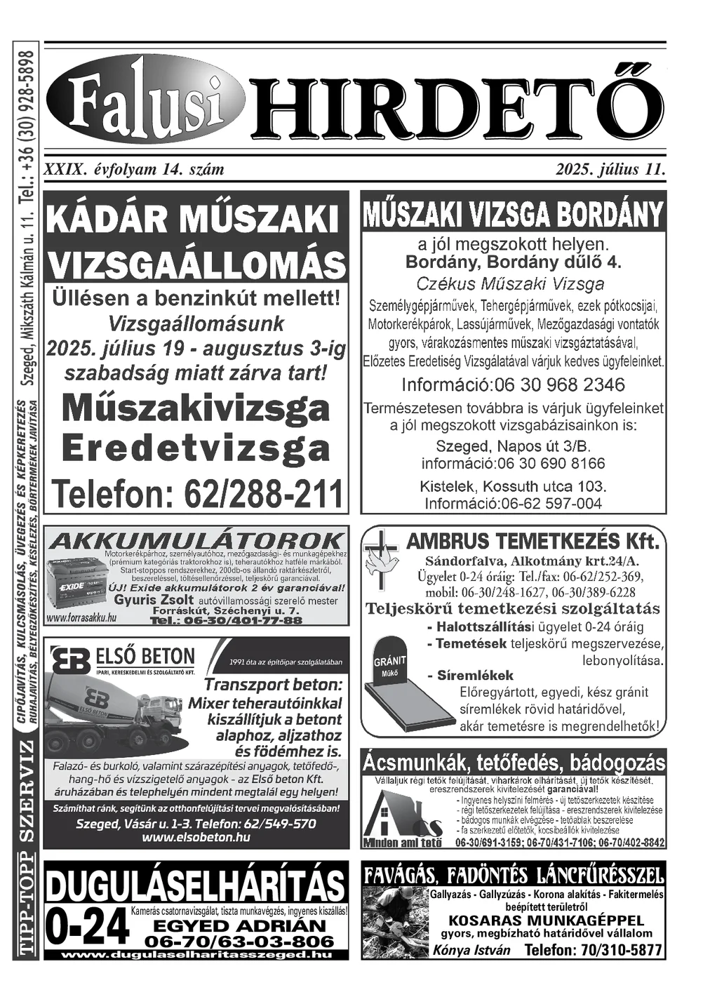A Falusi Hirdető címlapja – Szatymaz környéke, 2025. július 11.