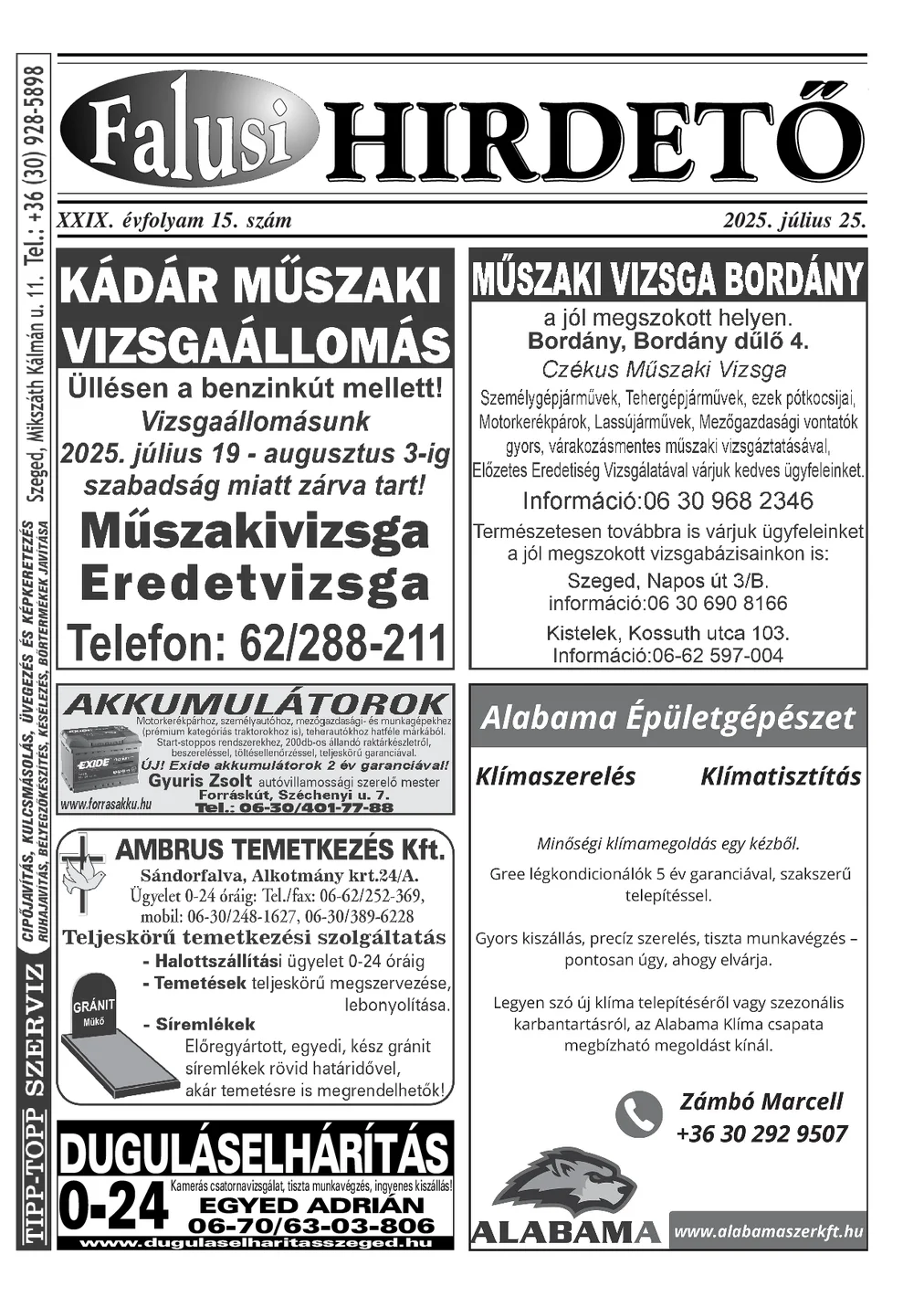 A Falusi Hirdető címlapja – Szatymaz környéke, 2025. július 25.