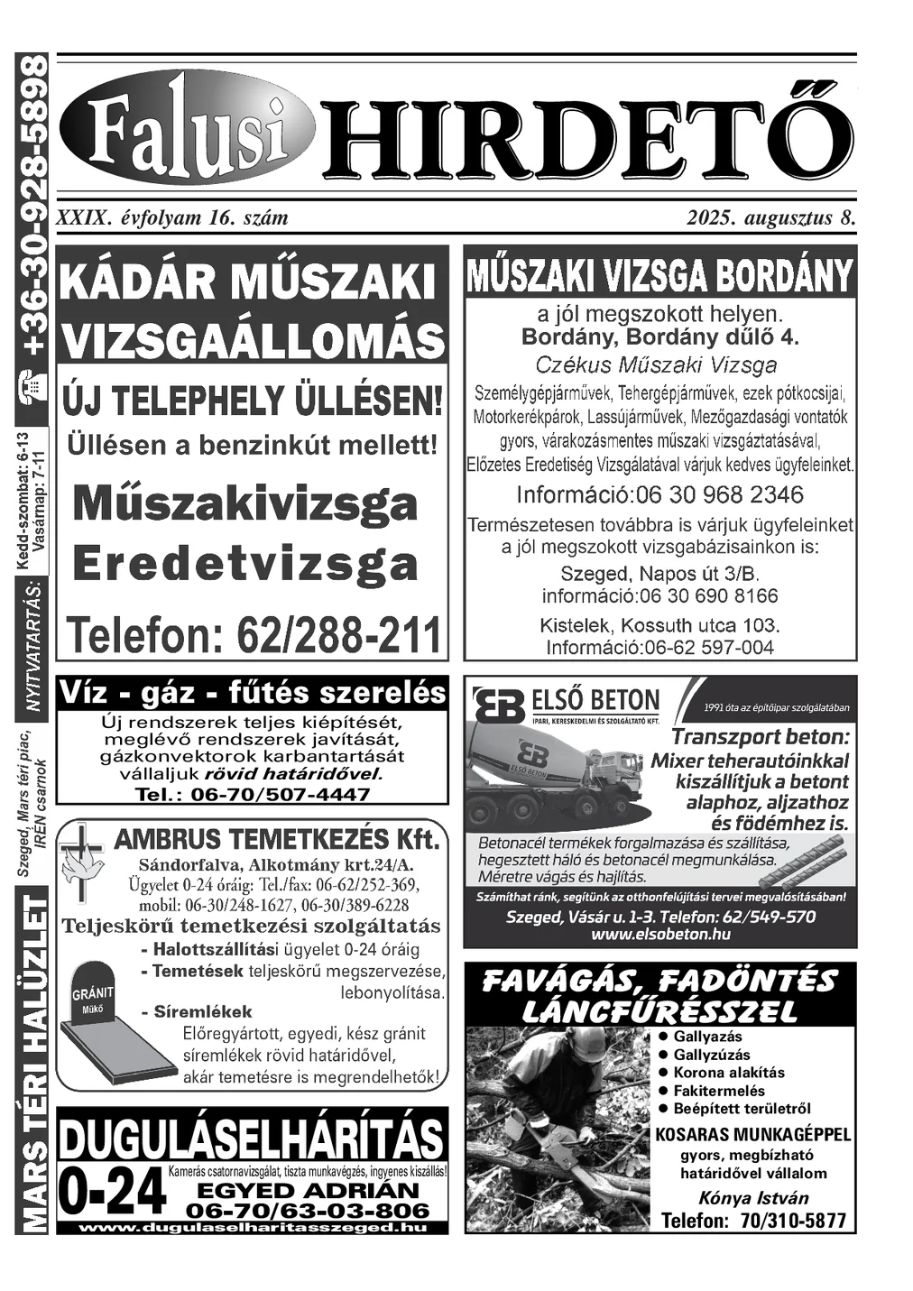 A Falusi Hirdető címlapja – Szatymaz környéke, 2025. augusztus 8.
