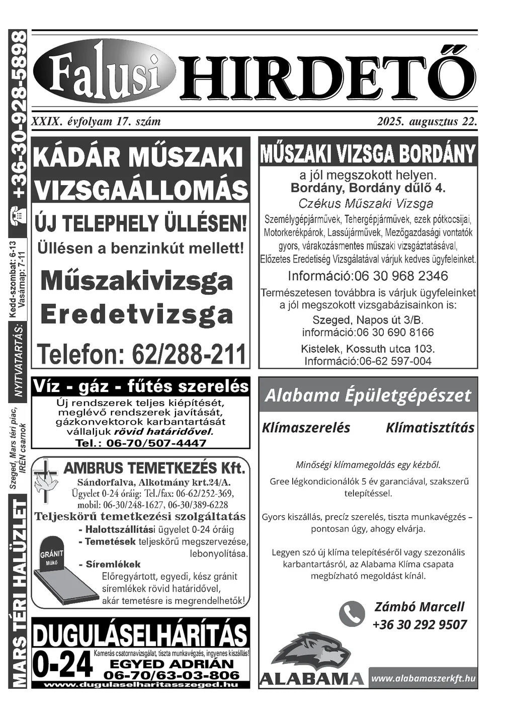 A Falusi Hirdető címlapja – Szatymaz környéke, 2025. augusztus 22.