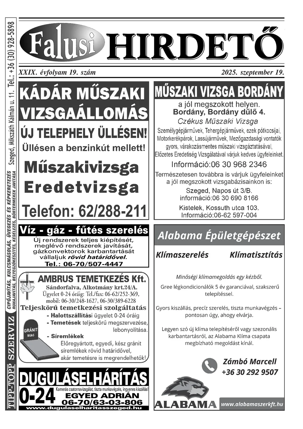 A Falusi Hirdető címlapja – Szatymaz környéke, 2025. szeptember 19.