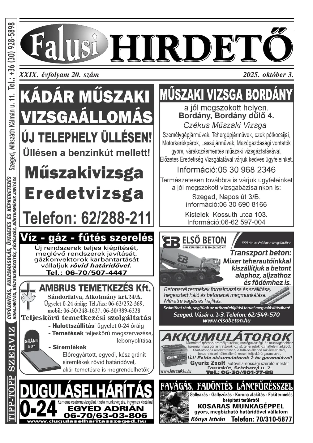 A Falusi Hirdető címlapja – Szatymaz környéke, 2025. október 3.
