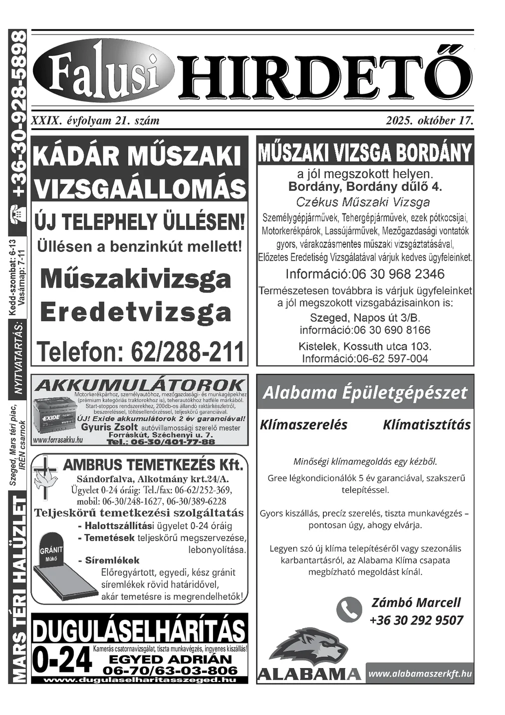 A Falusi Hirdető címlapja – Szatymaz környéke, 2025. október 17.
