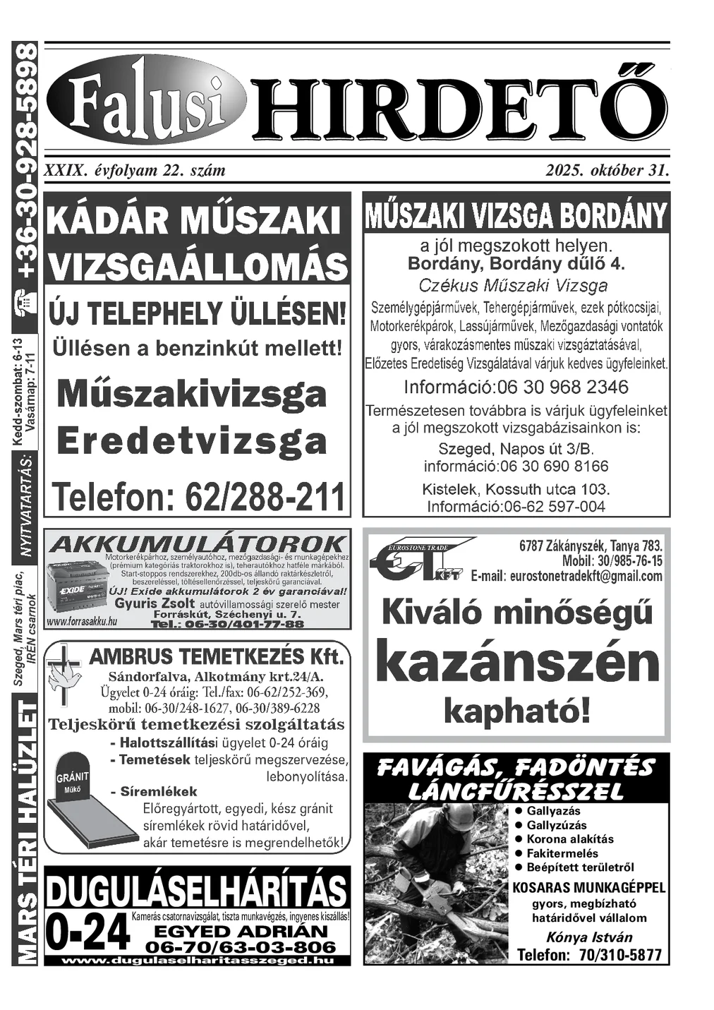 A Falusi Hirdető címlapja – Szatymaz környéke, 2025. október 31.