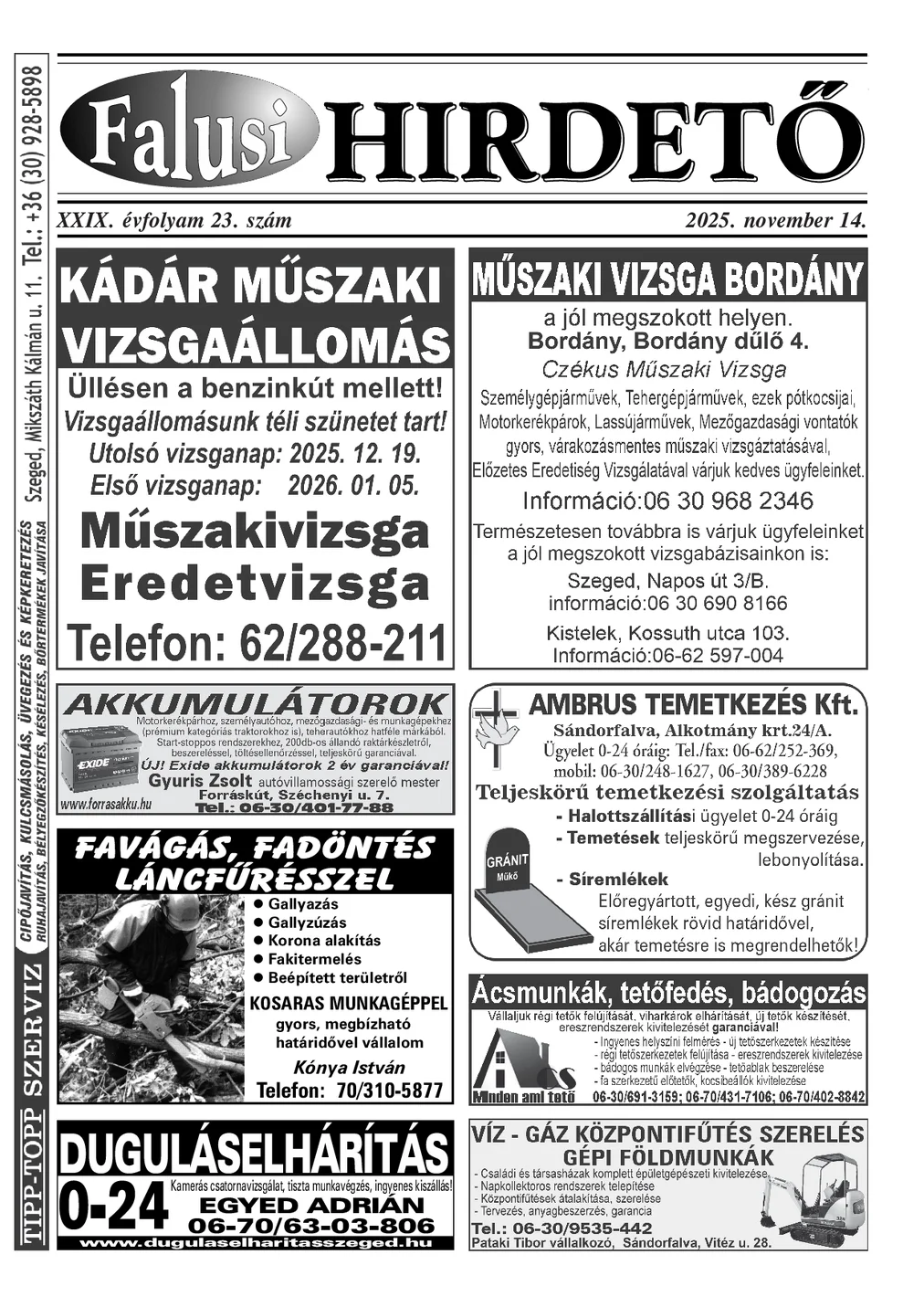 A Falusi Hirdető címlapja – Szatymaz környéke, 2025. november 14.