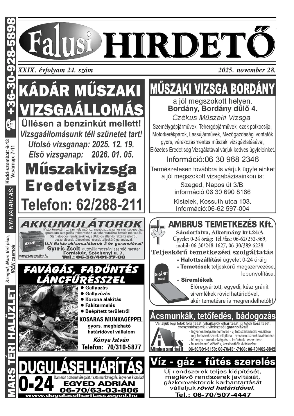 A Falusi Hirdető címlapja – Szatymaz környéke, 2025. november 28.