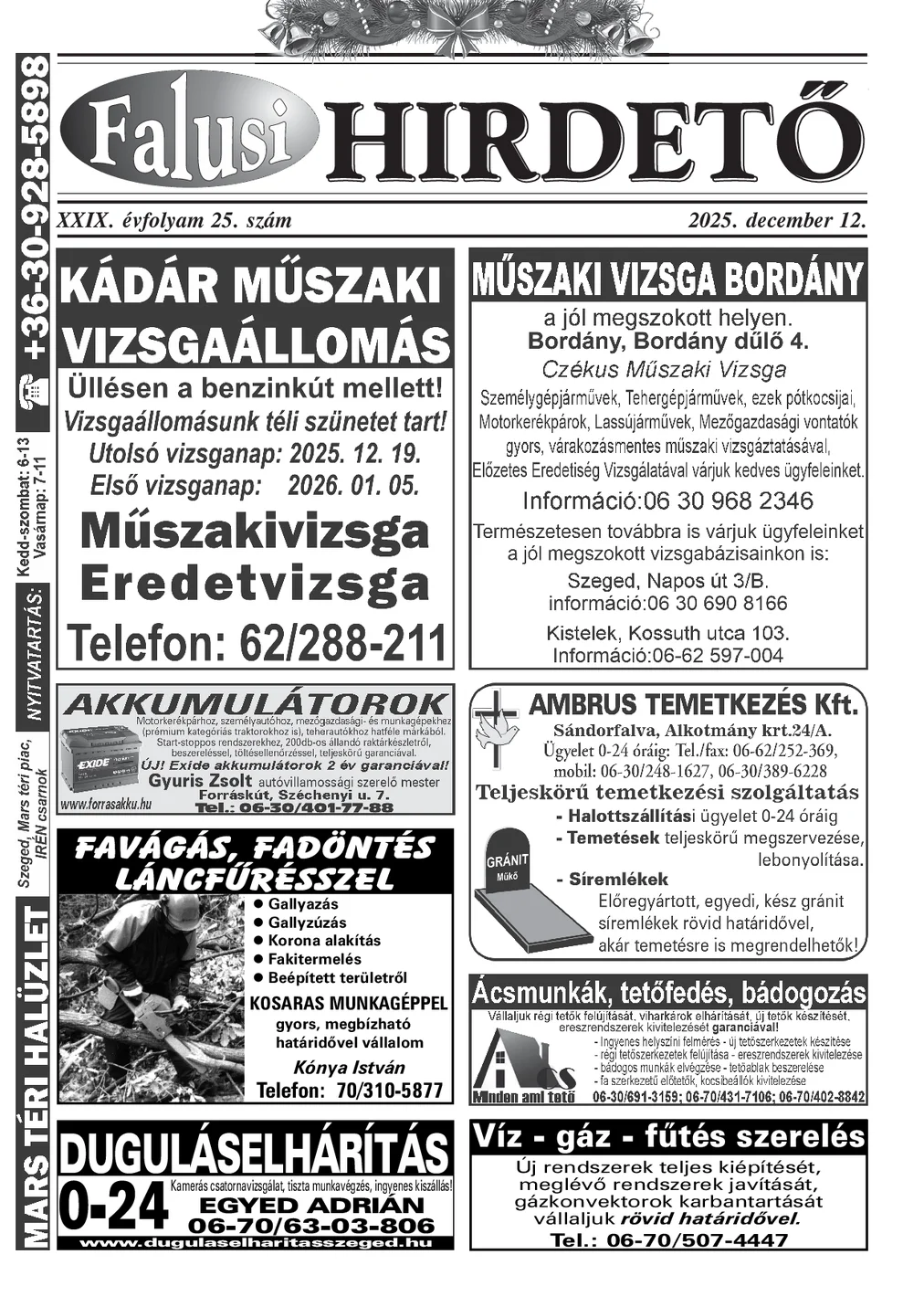 A Falusi Hirdető címlapja – Szatymaz környéke, 2025. december 12.