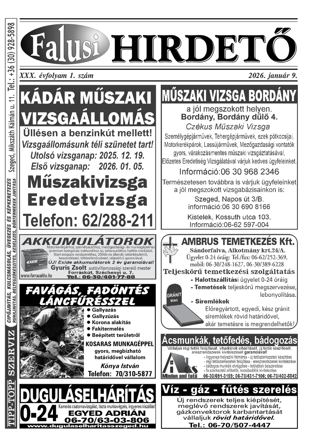 A Falusi Hirdető címlapja – Szatymaz környéke, 2026. január 9.