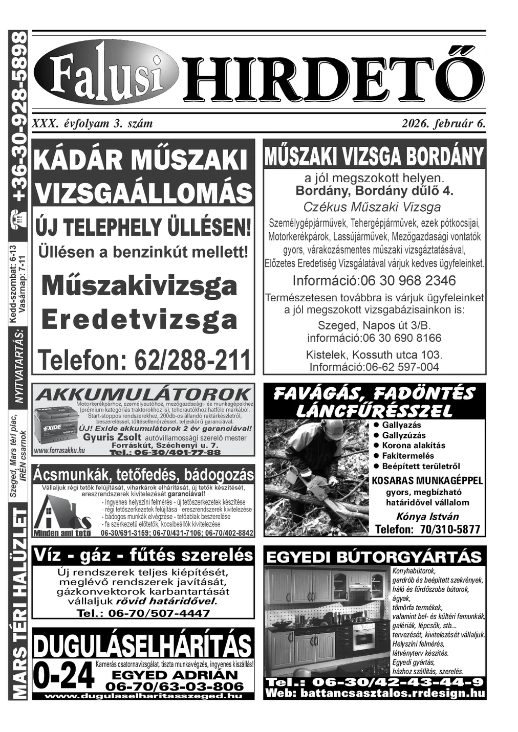 A Falusi Hirdető címlapja – Szatymaz környéke, 2026. február 6.