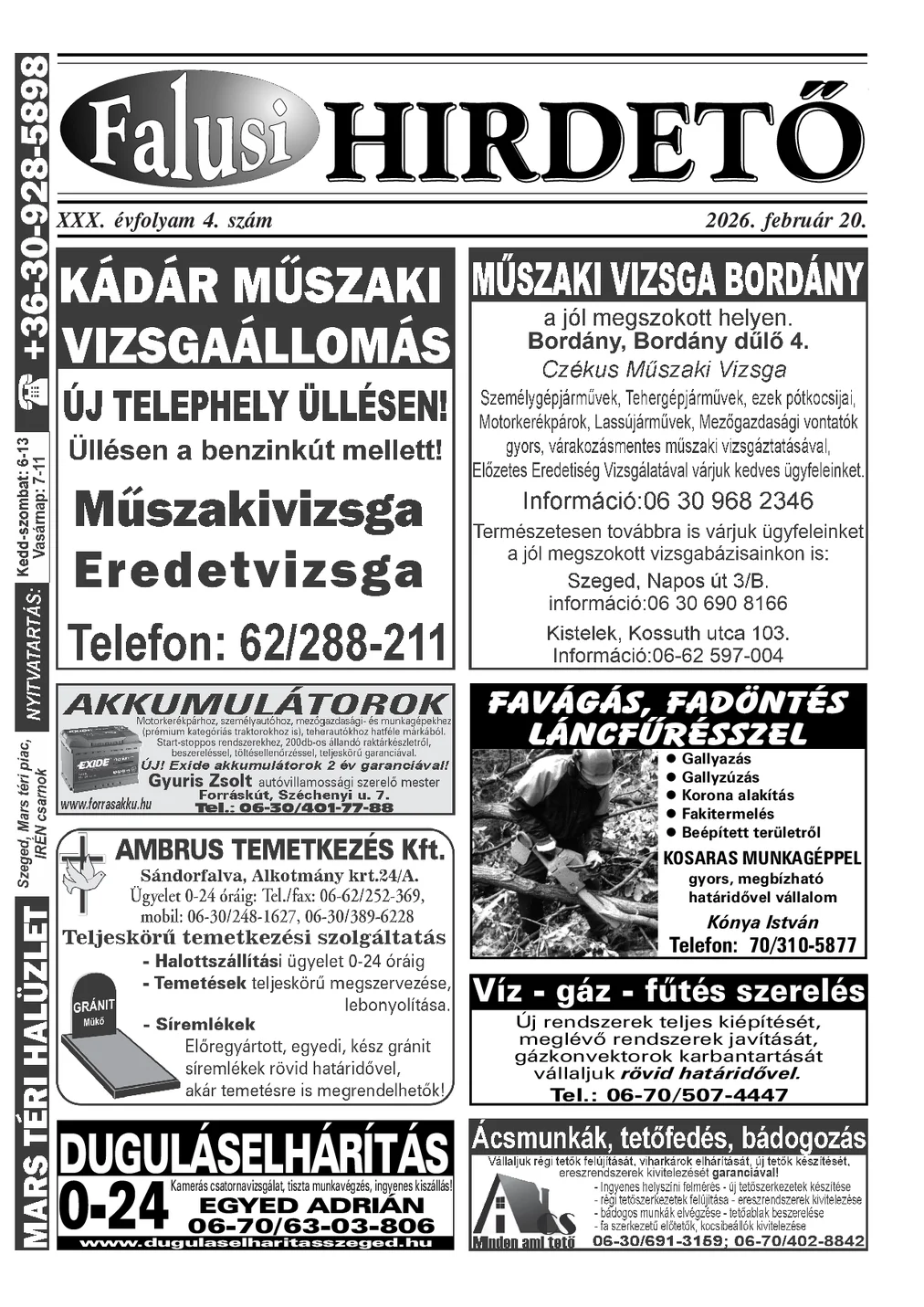 A Falusi Hirdető címlapja – Szatymaz környéke, 2026. február 20.