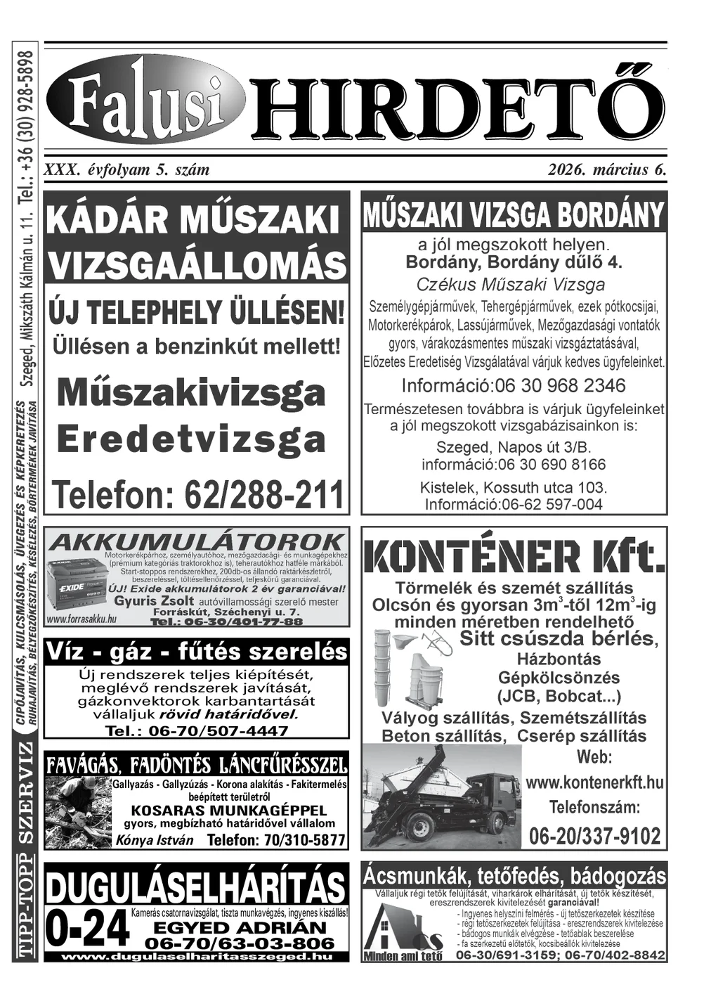 A Falusi Hirdető címlapja – Szatymaz környéke, 2026. március 6.
