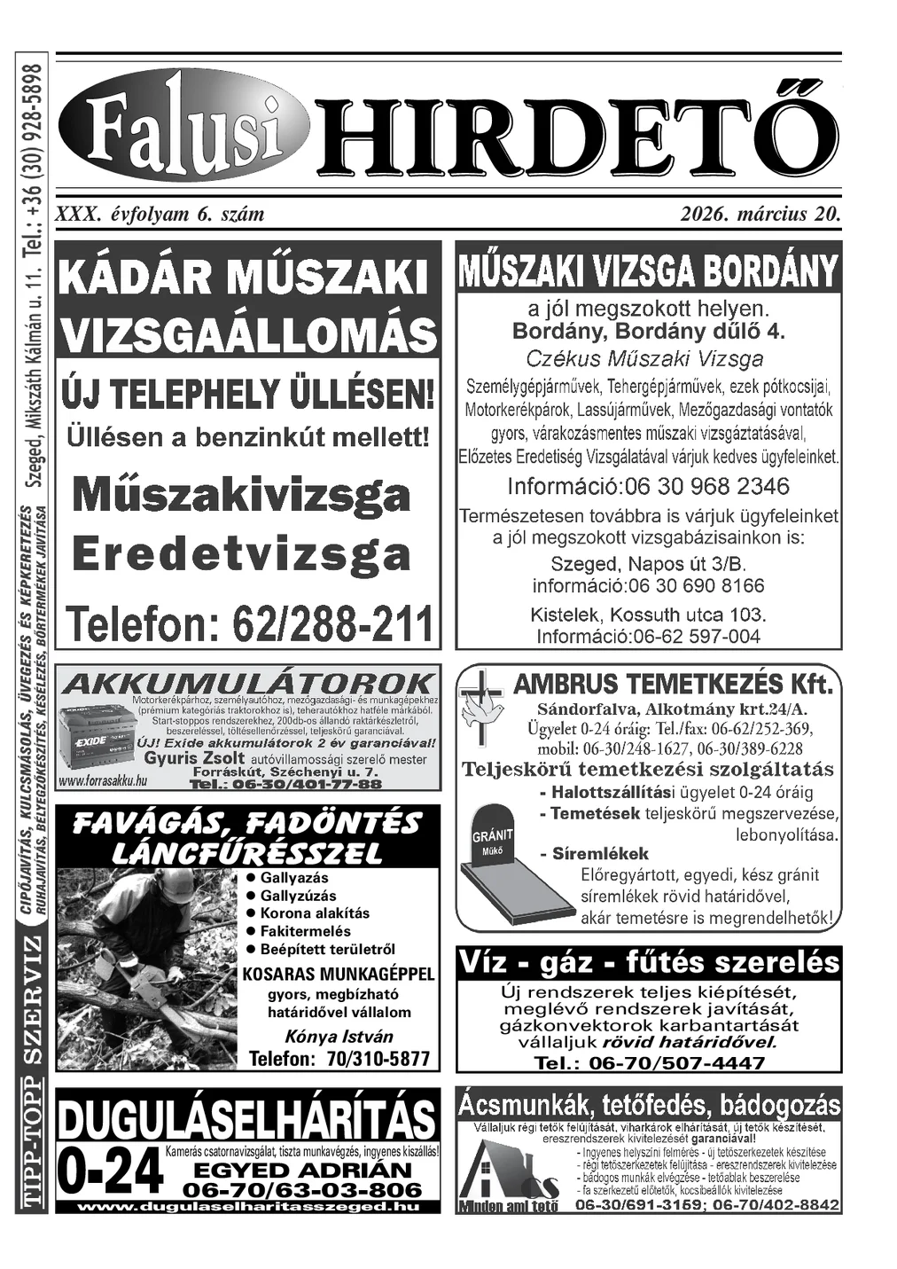A Falusi Hirdető címlapja – Szatymaz környéke, 2026. március 20.