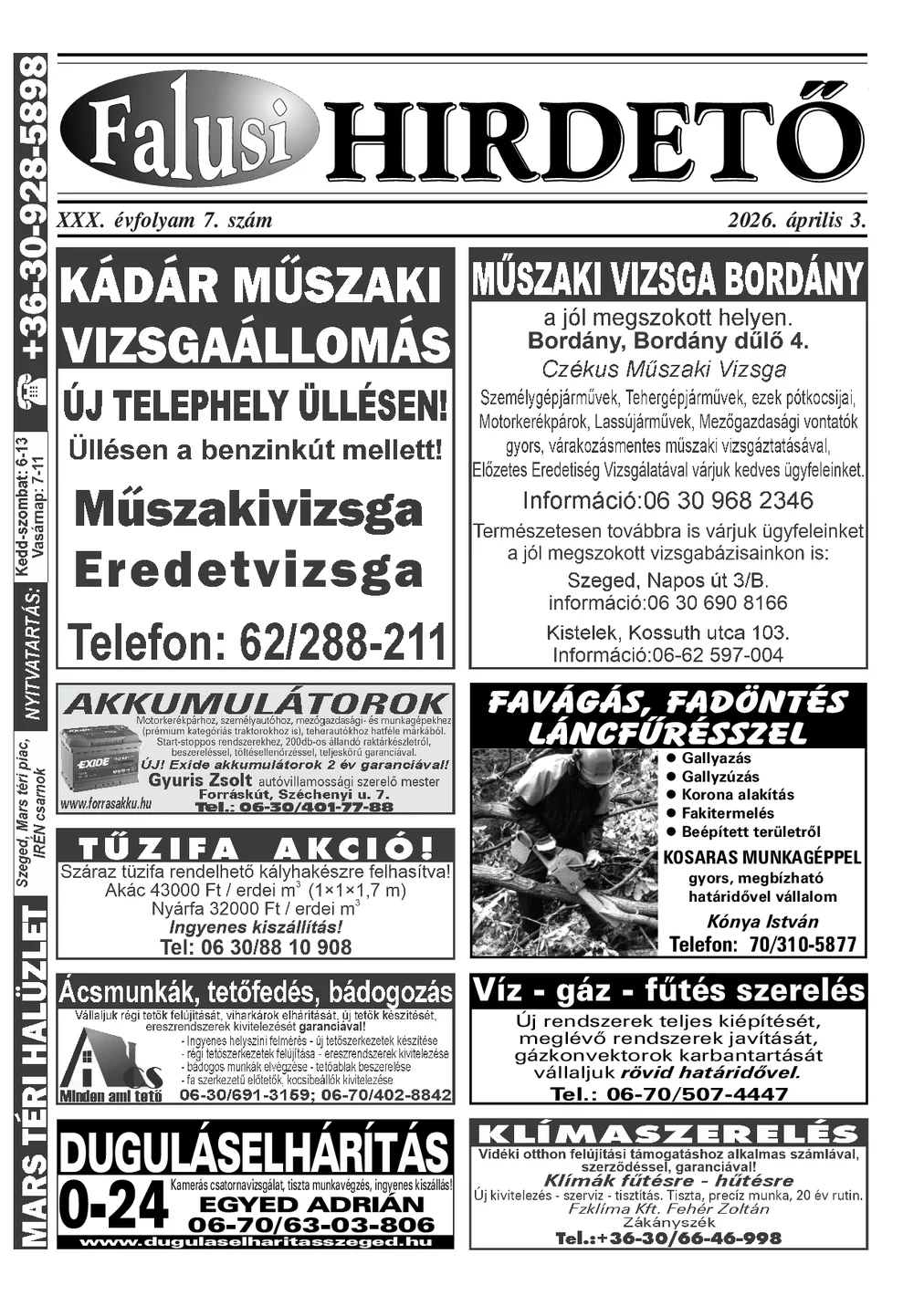 A Falusi Hirdető címlapja – Szatymaz környéke, 2026. április 3.