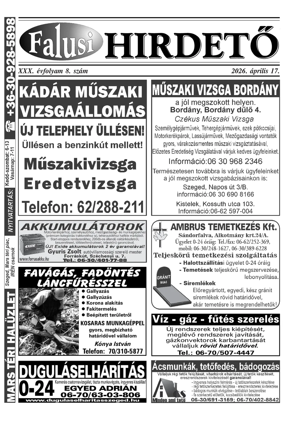 A Falusi Hirdető címlapja – Szatymaz környéke, 2026. április 17.