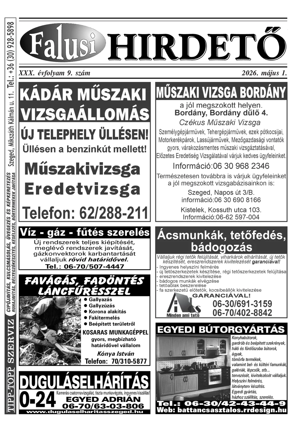 A Falusi Hirdető címlapja – Szatymaz környéke, 2026. május 1.