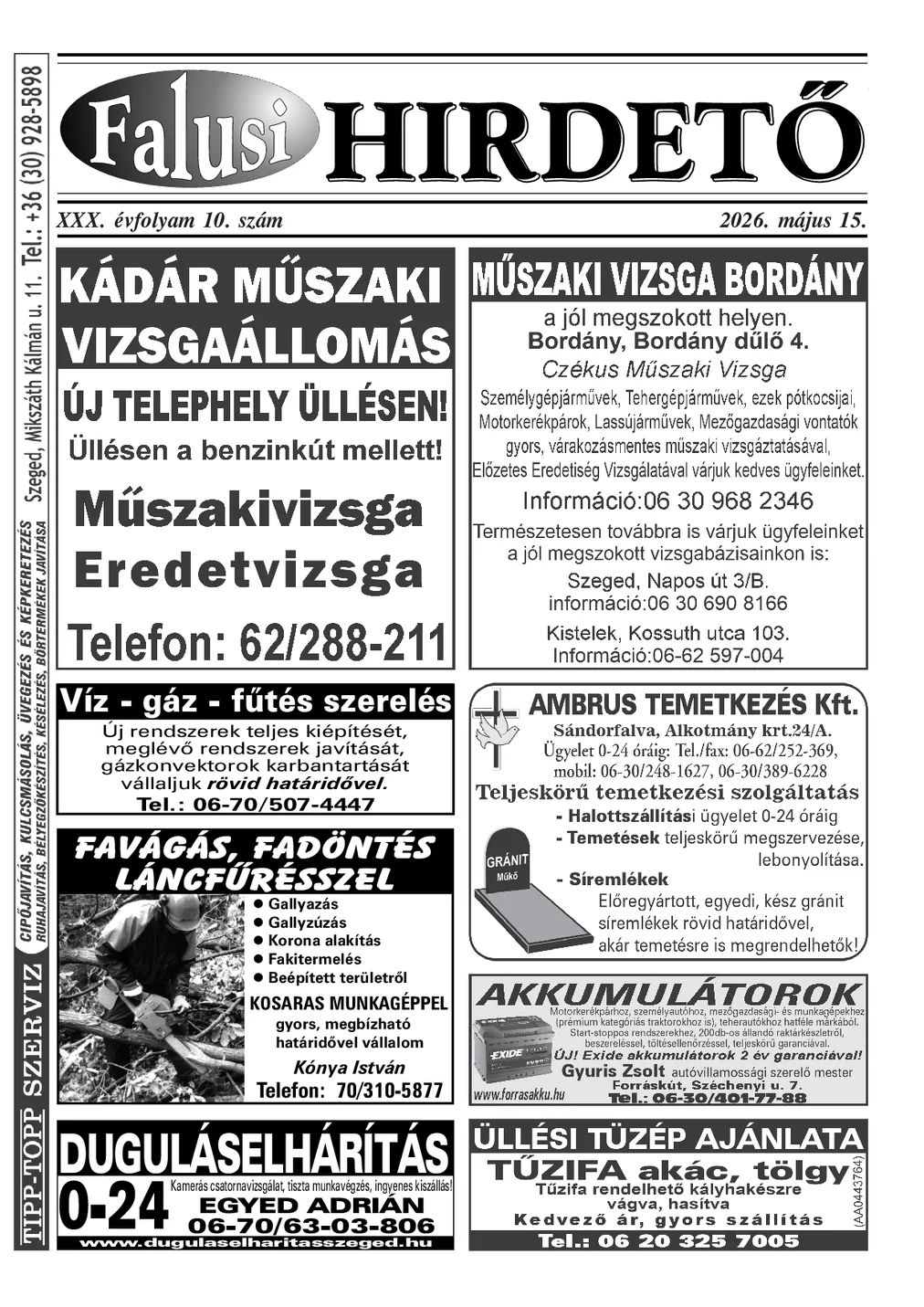 A Falusi Hirdető címlapja – Szatymaz környéke, 2026. május 15.