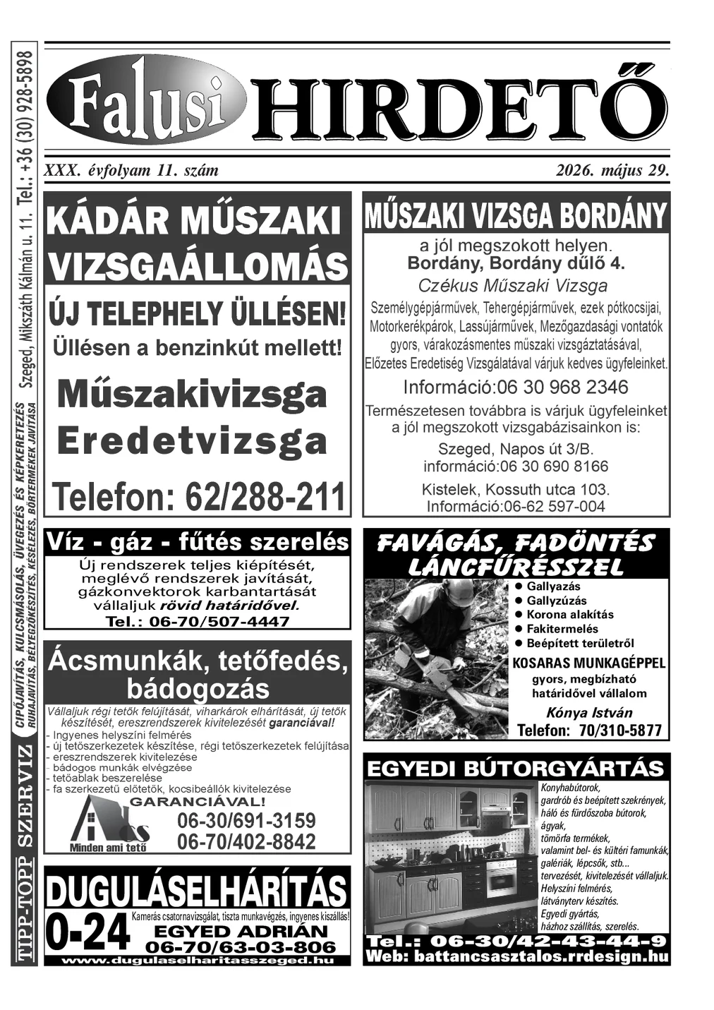 A Falusi Hirdető címlapja – Szatymaz környéke, 2026. május 29.