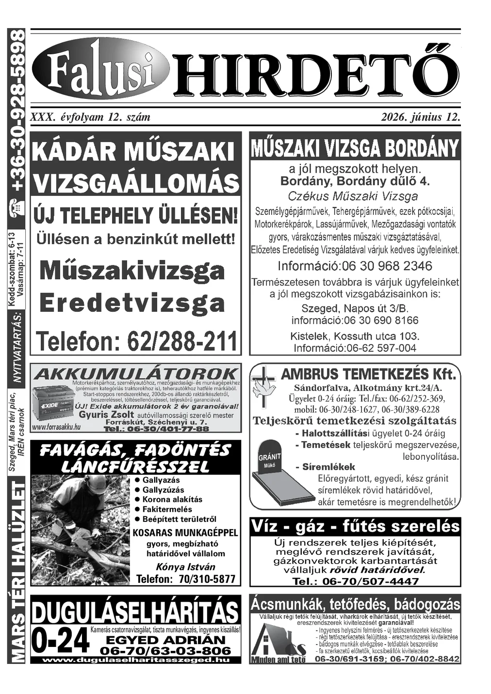 A Falusi Hirdető címlapja – Szatymaz környéke, 2026. június 12.