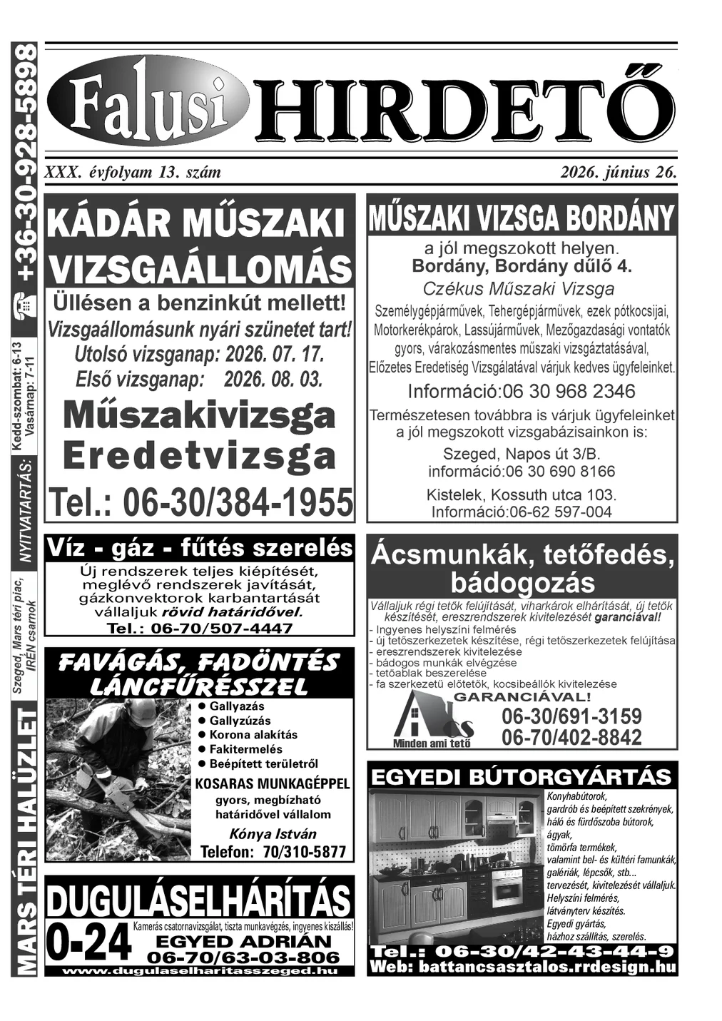 A Falusi Hirdető címlapja – Szatymaz környéke, 2026. június 26.