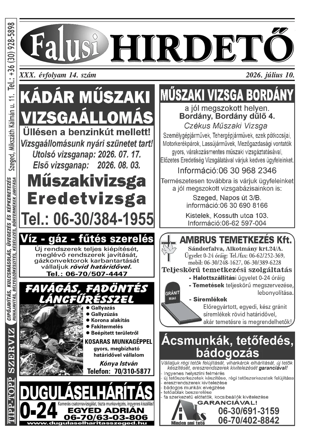 A Falusi Hirdető címlapja – Szatymaz környéke, 2026. július 10.