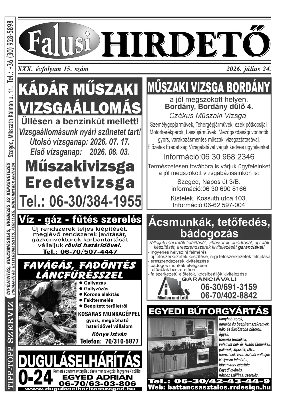 A Falusi Hirdető címlapja – Szatymaz környéke, 2026. július 24.