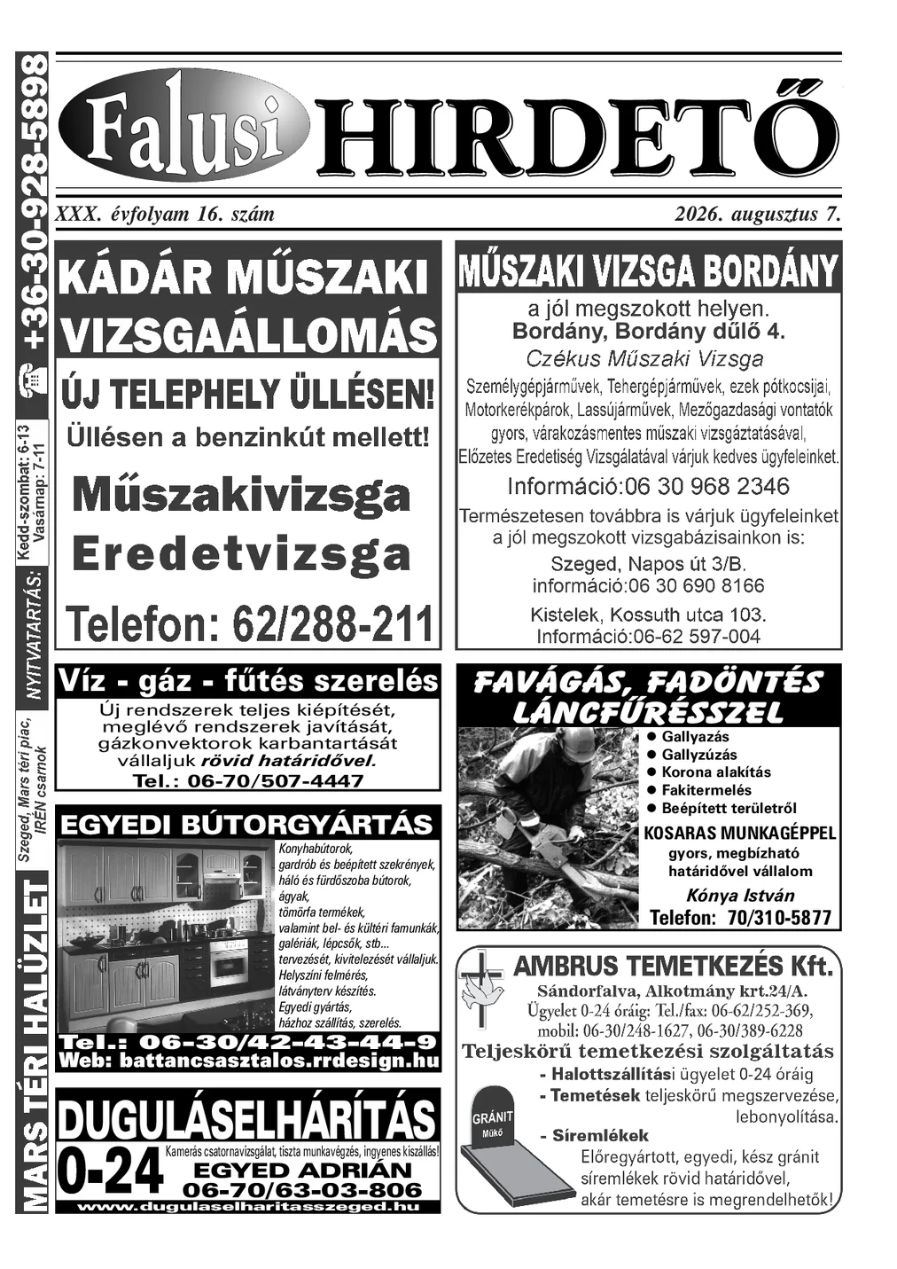 A Falusi Hirdető címlapja – Szatymaz környéke, 2026. augusztus 7.