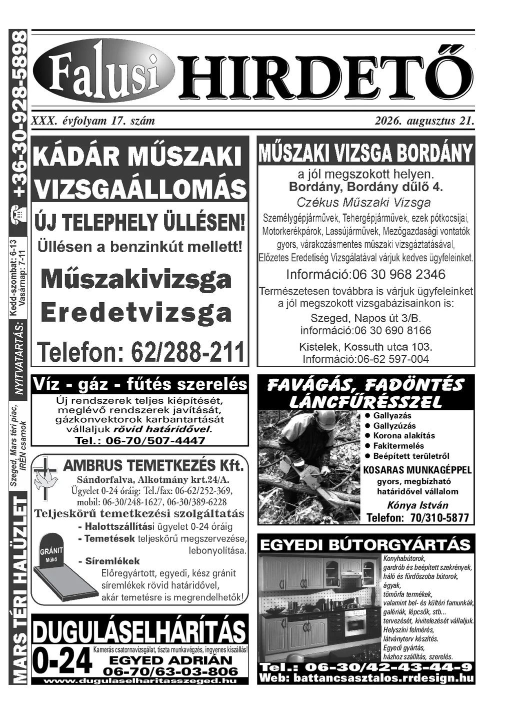 A Falusi Hirdető címlapja – Szatymaz környéke, 2026. augusztus 21.
