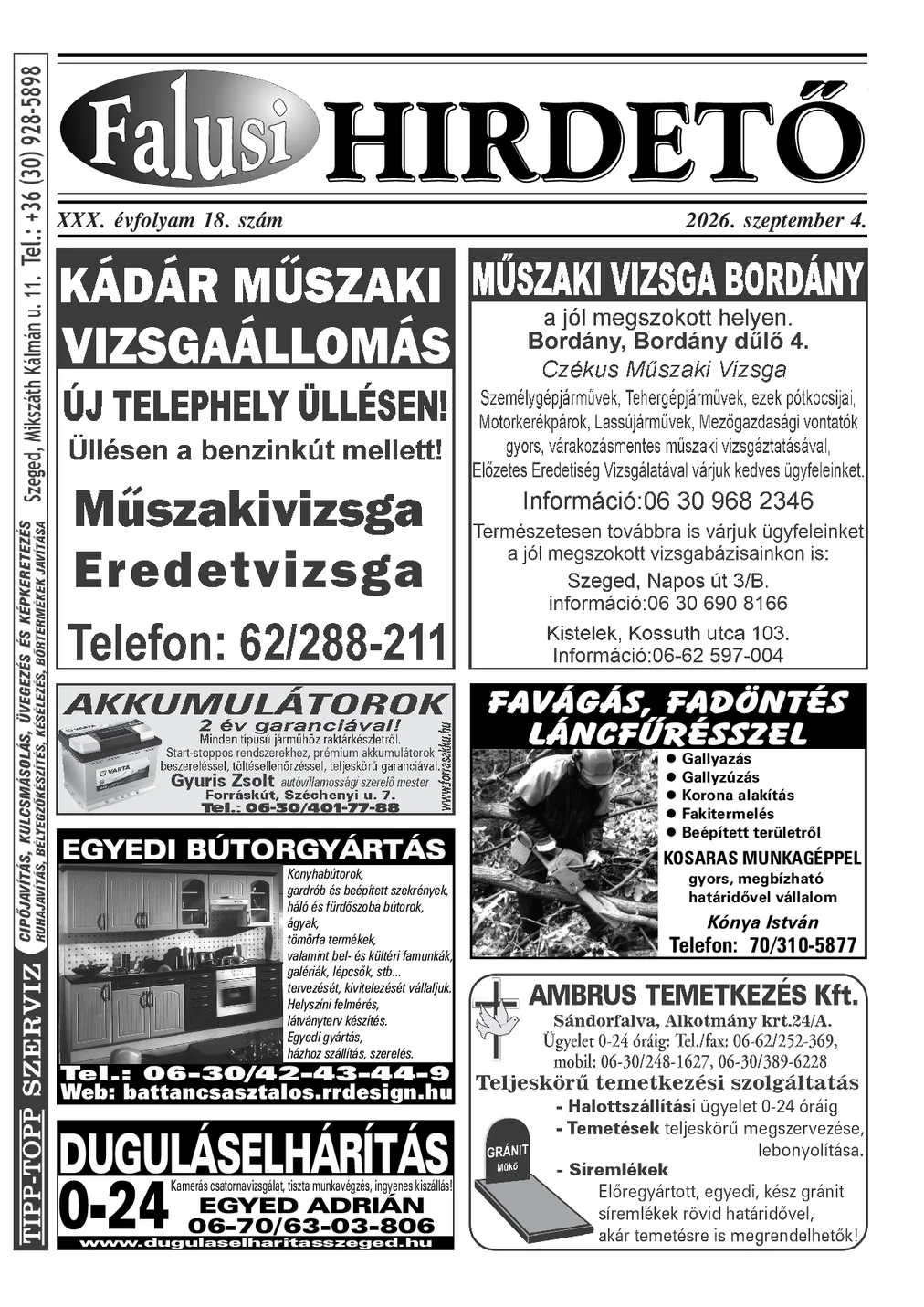 A Falusi Hirdető címlapja – Szatymaz környéke, 2026. szeptember 4.