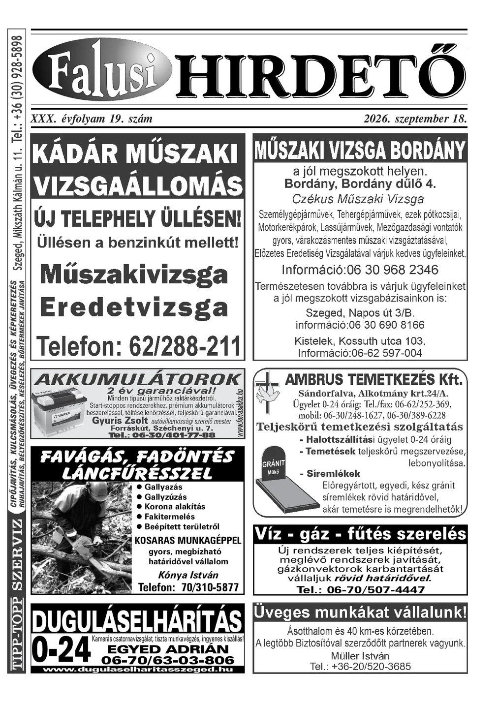 A Falusi Hirdető címlapja – Szatymaz környéke, 2026. szeptember 18.