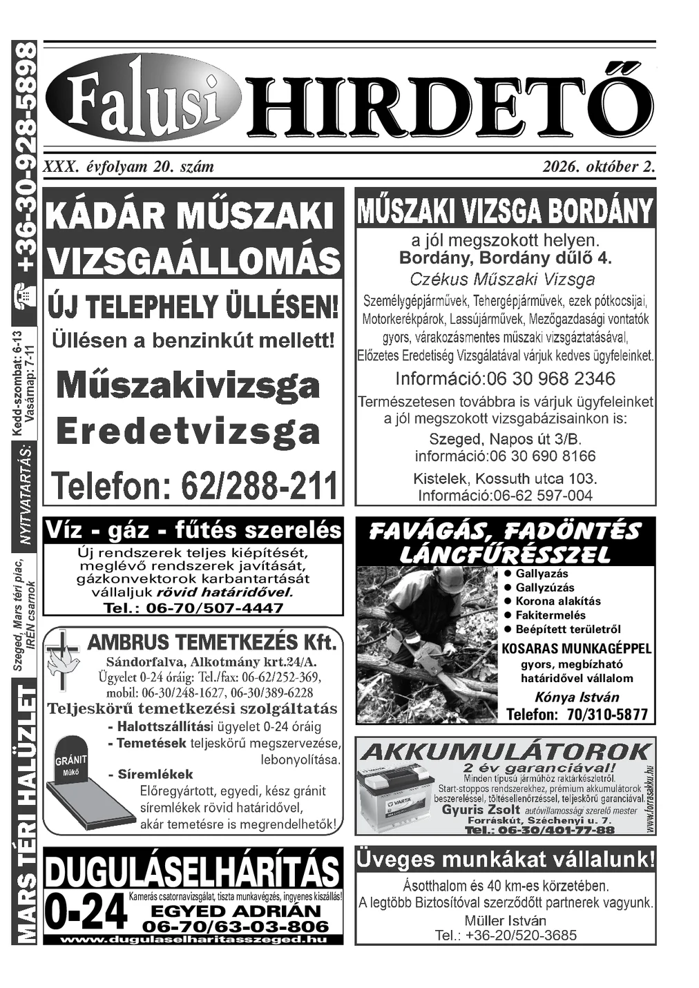 A Falusi Hirdető címlapja – Szatymaz környéke, 2026. október 2.