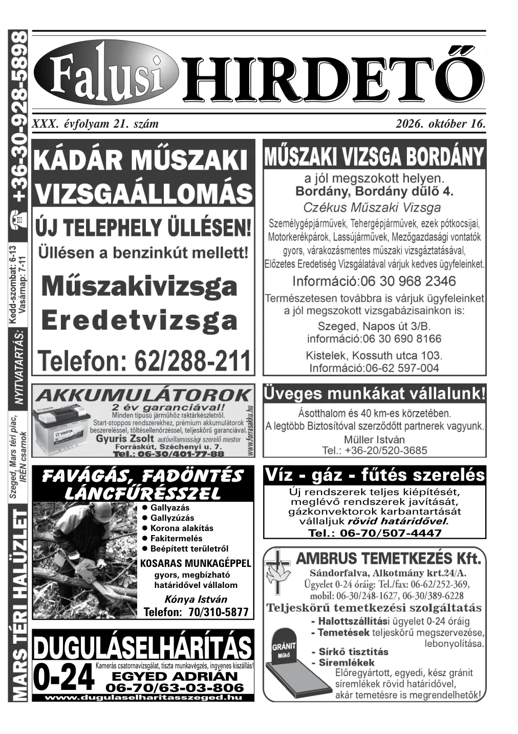 A Falusi Hirdető címlapja – Szatymaz környéke, 2026. október 16.